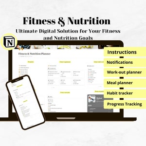Planificador de fitness y nutrición (plantilla Notion), planificador de entrenamientos y ejercicios en el gimnasio, planificación de comidas, seguimiento de suplementos, hábitos y pérdida de peso.