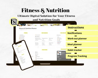 Fitness & Nutrition planner Notion template, Gym workout and exercises planner, Meal planning, Supplements, Habits and weight loss tracker