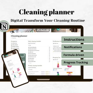 May include: A laptop computer screen displaying a cleaning planner app with a checklist of daily and weekly cleaning tasks. The app has a green and white logo with the letter "N" in the center. The screen also shows a notification center, a shopping list, and a progress tracking feature. The laptop is on a white surface.