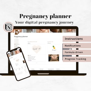 Plantilla de planificador de embarazo Notion, diario de embarazo digital y guardería, atuendo de maternidad, registro de bebé, bolso de hospital, planificación del parto,