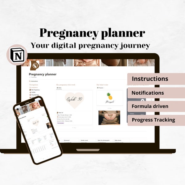 Pregnancy planner Notion template, digital pregnancy journal & nursery, maternity outfit, baby registry, hospital bag, birth planning,