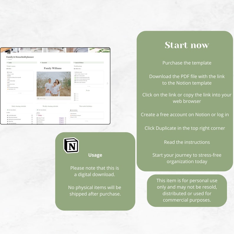 Family & Household planner template Notion, Home Management, Finance tracker, Cleaning schedules, Meal planning, Ultimate Family Organizer, home organization,  family planner, household planner, cleaning checklists,  finance tracker,
