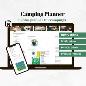 May include: A laptop screen displaying a digital camping planner with the text "Camping Planner" and "Digital planner for campings". The planner includes sections for quick links, upcoming camping, campground map, progress, instructions, notifications, formula driven, and progress tracking. A mobile phone displaying a weather forecast is shown in the lower left corner of the screen.