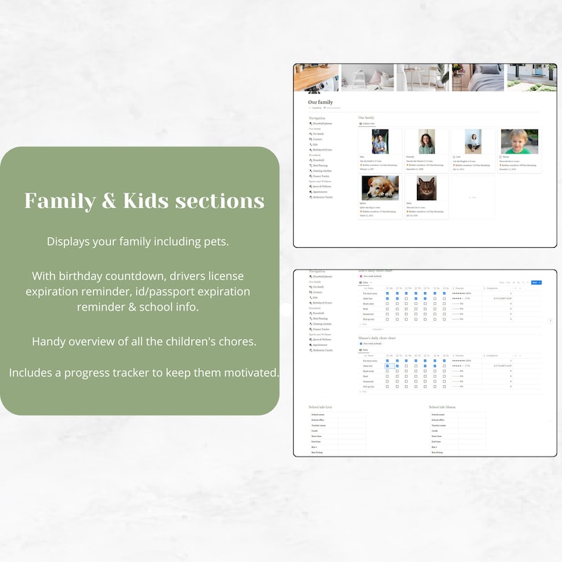 Family & Household planner template Notion, Home Management, Finance tracker, Cleaning schedules, Meal planning, Ultimate Family Organizer, home organization,  family planner, household planner, cleaning checklists,  finance tracker,