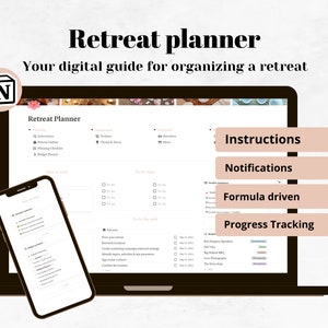 Op de afbeelding: Een laptop en een smartphone die een digitale retreat-planner sjabloon weergeven. De sjabloon bevat secties voor instructies, meldingen, formulegestuurd en voortgangsbewaking. De sjabloon is ontworpen om gebruikers te helpen bij het organiseren en plannen van een retreat.