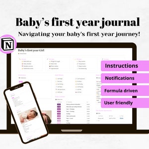 Plantilla de Notion para el primer año del bebé, diario del primer año del recién nacido, registro de hitos mensuales, recetas para bebés y planificador de comidas para mamás.