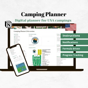 May include: A laptop computer screen displaying a digital camping planner with the text "Camping Planner USA version" and a campground map. The laptop is open and a smartphone is sitting on top of it, displaying a weather forecast.