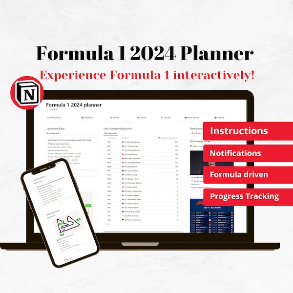 Formula 1 2024 Planner Notion template, F1 Digital Interactive Race Tracker 2024, Grand Prix race journal, Notion template gift for him her