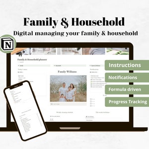 Puede incluir: Una pantalla de computadora portátil que muestra un planificador familiar y doméstico digital con una foto de familia, una lista de verificación y el texto "Family & Household planner". La pantalla también muestra el texto "Instructions", "Notifications", "Formula driven" y "Progress Tracking". Un teléfono inteligente se muestra en primer plano, también mostrando una lista de verificación.