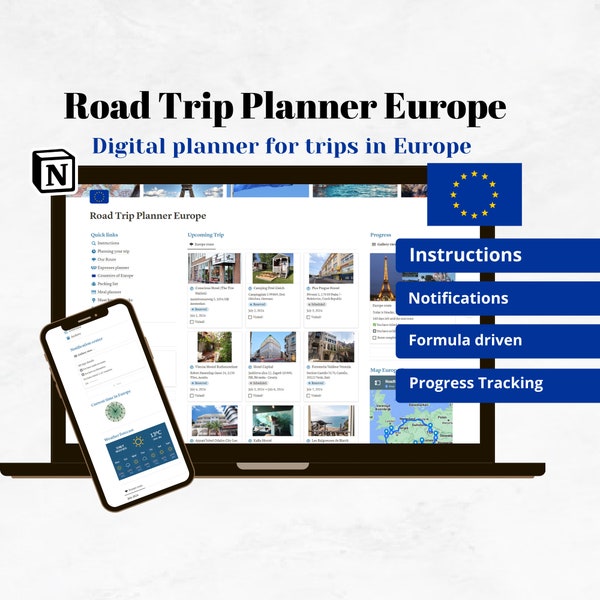 Europe Road Trip Planner Notion template, Backpacking Travel organizer, Travel planning Notion Dashboard, Itinerary template, European