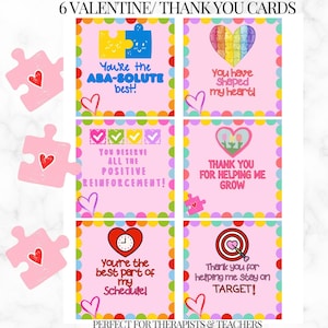 May include: Six pink and white Valentine's Day or thank you cards with colorful borders and puzzle piece designs. The cards feature phrases like "You're the ABA-SOLUTE best!" and "Thank you for helping me grow."
