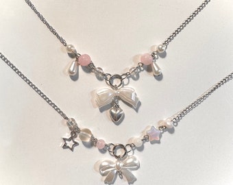 pearl bow beaded necklace