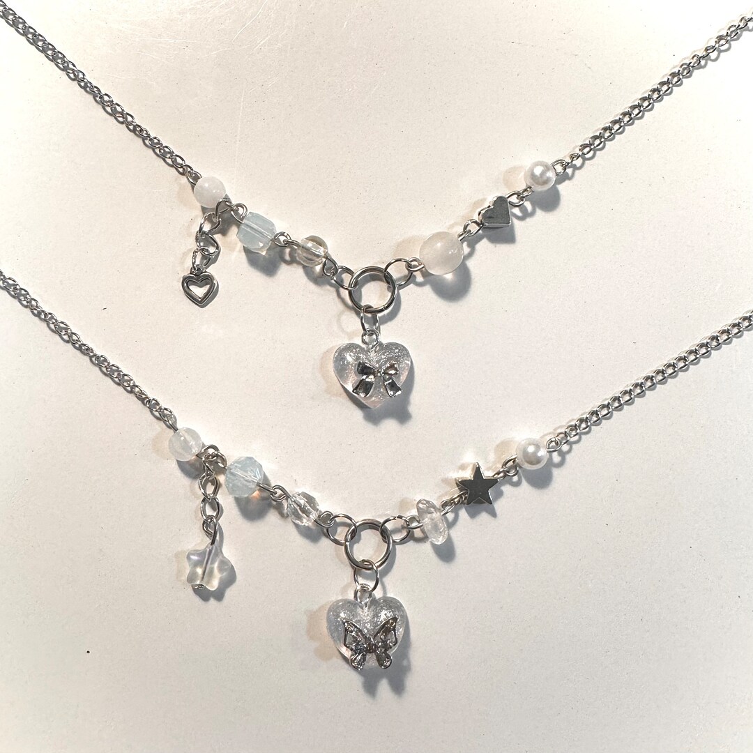 Long White & Clear Beaded Necklace with Large Hammered Silver Flower Pendant