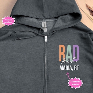 Personalized Rad Tech Full Zip Hoodie Jacket Gift X-ray Xray MRI CT Ultrasound Technician Student Graduation Christmas Birthday Oversize 3xl