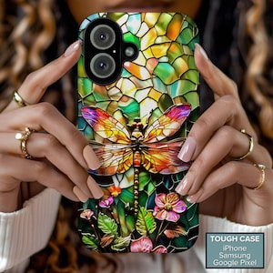 Custodia per telefono resistente in finto vetro colorato con motivo libellula Dark Garden per iPhone 16 Pro Max 13 14 15 Samsung S24 S25 Google Pixel 9