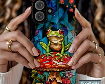 Funda para teléfono con diseño de rana sobre hongo: vitral falso, para iPhone, Samsung y Pixel