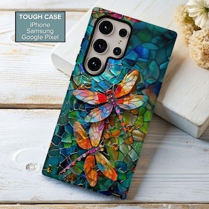 Custodia per telefono resistente in finto vetro colorato con libellule incantate, regalo per iPhone 16 Pro Max 13 14 15 Samsung S24 S25 Google Pixel 9