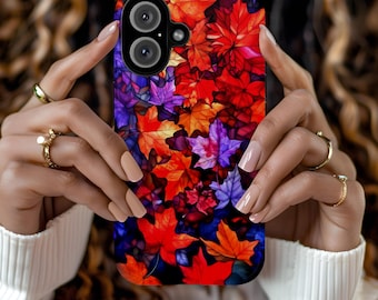 Autumn Phone Case with Stained Glass Leaves Design, Colorful Fall Foliage