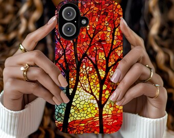 Autumn Phone Case with Stained Glass Trees Design, Fall Leaves Pattern