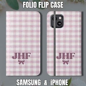 Funda tipo libro con monograma, lazo de guinga y bordado de imitación de cuadros, funda tipo billetera para iPhone y Samsung, ranuras para tarjetas y soporte de piel sintética vegana.