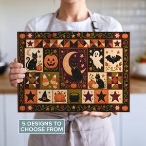 Tabla de cortar de vidrio inspirada en un edredón vintage de Halloween / Decoración rústica de cocina de granja