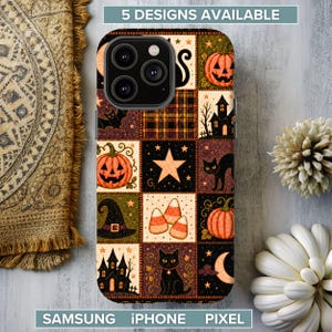 May include: A smartphone case featuring a grid of Halloween-themed illustrations including jack-o'-lanterns, black cats, a haunted house, a witch hat, candy corn, stars, and a crescent moon in orange, black, and green colors on a textured background.