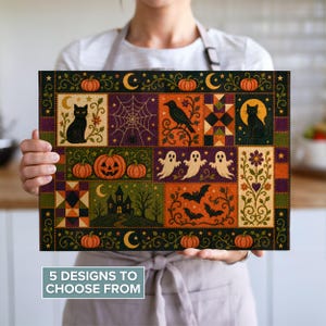 Tabla de cortar de vidrio inspirada en un edredón vintage de Halloween / Decoración rústica de cocina de granja