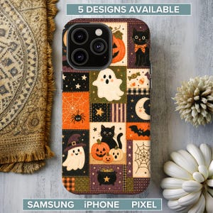 May include: A smartphone case featuring a patchwork design of Halloween motifs including black cats, pumpkins, ghosts, bats, spiders, webs, stars, and a crescent moon. The pattern uses orange, black, white, and purple colors in a grid layout.