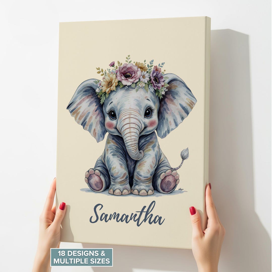 Personalized Baby Elephant Nursery Wall Art | Custom Name Boho Floral ...