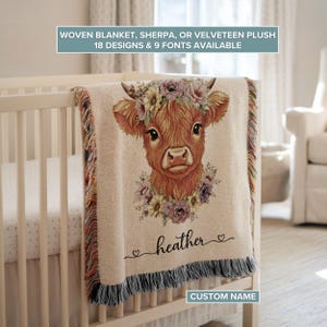 Highland Cow Personalized Name Blanket | Boho Cottagecore Farm Animal Nursery Décor