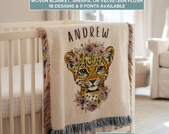 Personalized Leopard Cub Baby Blanket: Boho Floral Nursery Decor