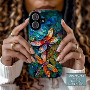 Dragonfly Phone Case, Faux Stained Glass Tough Cover for iPhone, Samsung, Pixel