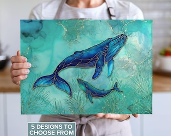 Humpback Whale Glass Cutting Board | Ocean Art Charcuterie | Beach House Kitchen Decor