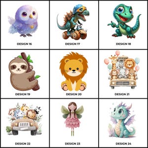 May include: Nine colorful cartoon designs featuring various animals and creatures. Designs include an owl, a dinosaur on a scooter, a friendly dinosaur, a sloth, a lion, a group of animals in a car, another group of animals in a car, a fairy, and a dragon. Each design has a number.