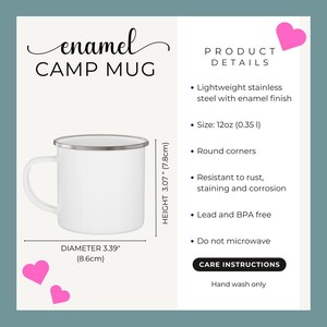 May include: White enamel camp mug with a silver rim. The mug is 3.07 inches (7.8cm) tall and 3.39 inches (8.6cm) in diameter. The text "enamel CAMP MUG" is displayed at the top. The product details are also listed.