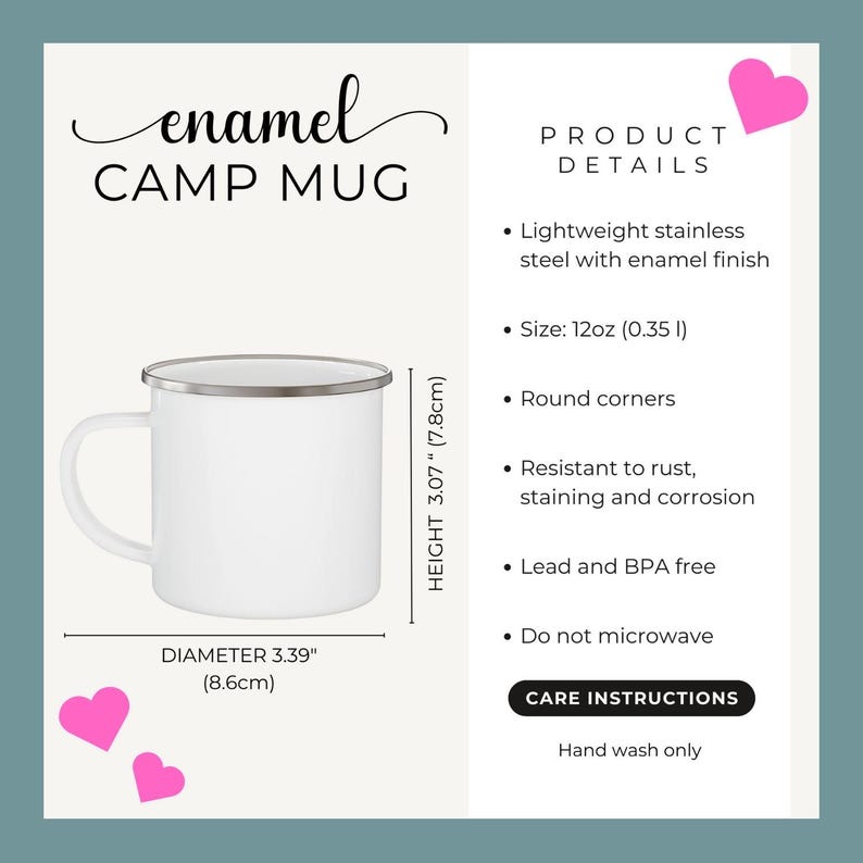 May include: White enamel camp mug with a silver rim. The mug is 3.07 inches (7.8cm) tall and 3.39 inches (8.6cm) in diameter. The text "enamel CAMP MUG" is displayed at the top. The product details are also listed.
