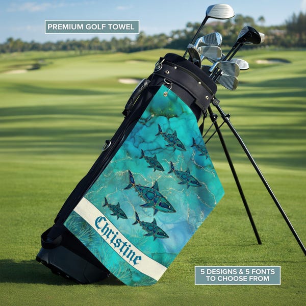 Serviette de golf personnalisée Shark | Accessoire de golfeur avec nom personnalisé | Vacances de golf sur la côte