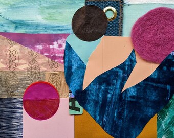 Sea Bright - a mixed-media collage painting of bright colors and shapes that were in response to a visit to the coast
