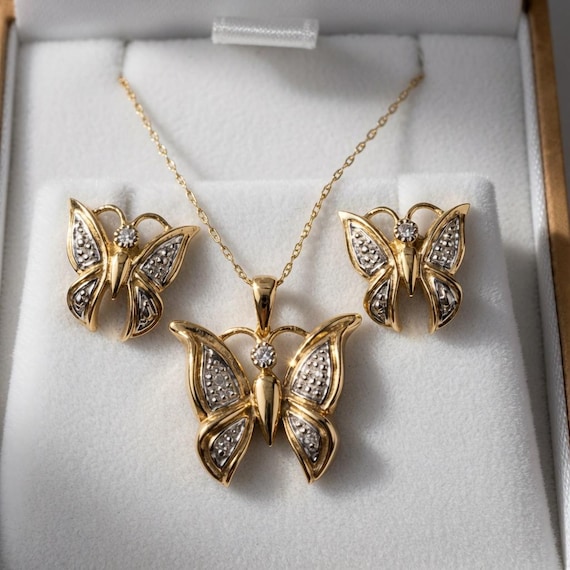 Vintage Diamond Butterfly Jewelry Set | 10K Gold Necklace & Earrings | 20” Chain