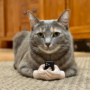 May include: A gray tabby cat with white paws is lying on a carpet. The cat is holding a black smartphone in its two white, human-like hands.