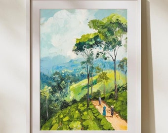Ceylon Tea Fields Green Landscape Painting Sri Lankan Countryside Nature Art Rolling Hills Wall Decor Scenic Artwork Tropical Forest