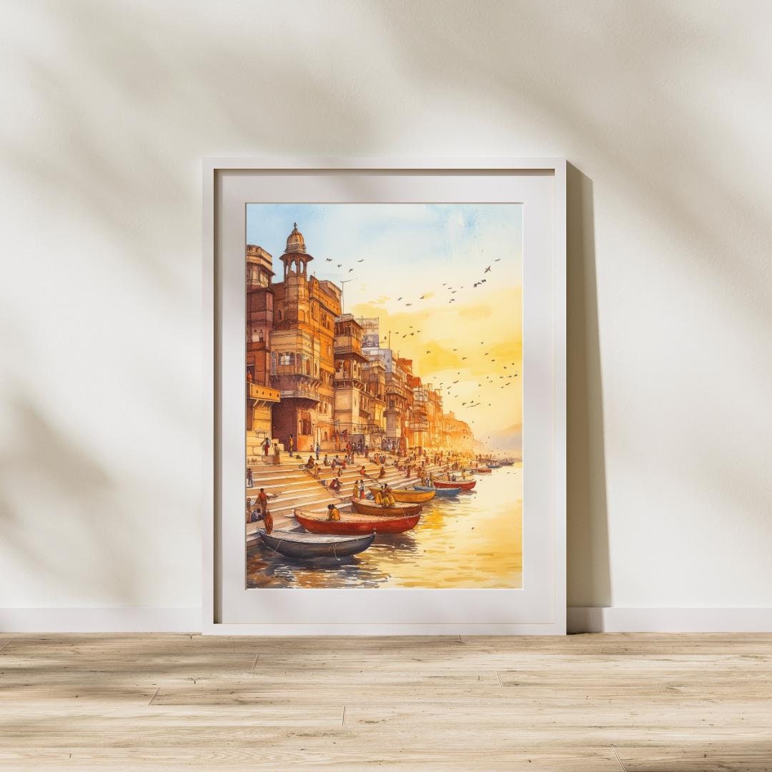 Ganga River Scene Watercolor Painting Indian Heritage Art Varanasi Ghats Wall Decor Serene Sunrise Landscape Holy Ganges Cultural Artwork