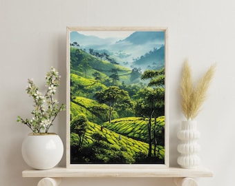 Darjeeling Tea Gardens Wall Art - Lush Greenery Poster - South Asian Landscape Decor for Home