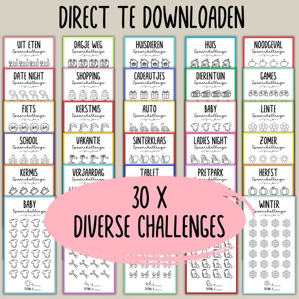 30 Various Challenges, Euro, budget binder, Savings challenge, Printable, Savings method, Budget planner, NL, Envelope method, Cashstuffen