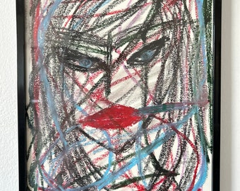 Girl with red lipstick. Oil pastel. Painting. Art.