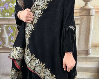 Exquisite Black plush Velvet cape Shawl four side Kashmiri Tilla embroidered boho style coat jacket wedding