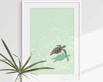 Sea Turtle swimming painting, Sea Turtle printable art, Turtle watercolor wall art, Art gift for turtle lovers, Digital Download