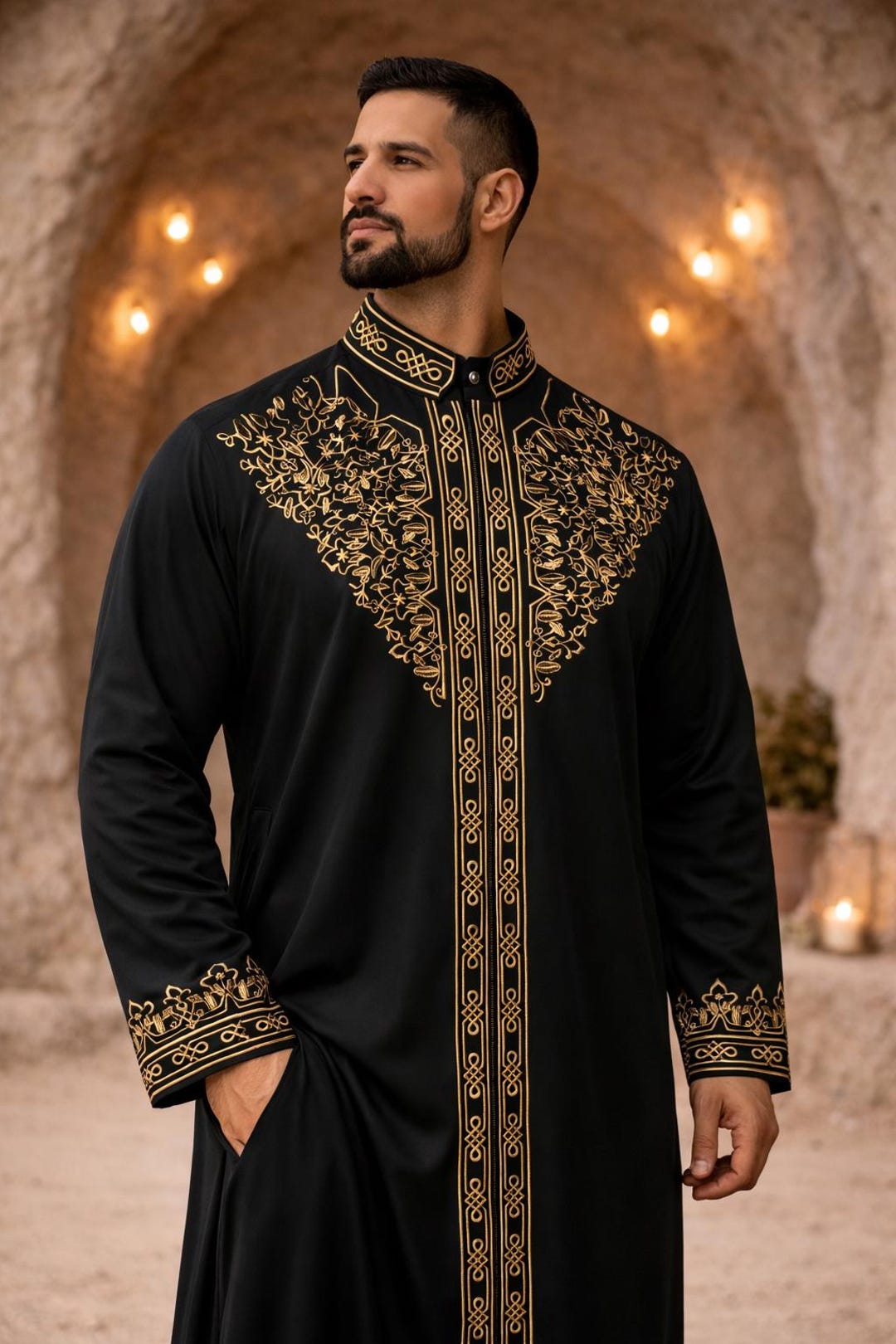 Men's Muslin Robe Men’s Black Islamic Robe Gold Embroidery Jubba Luxury Muslim Thobe ...