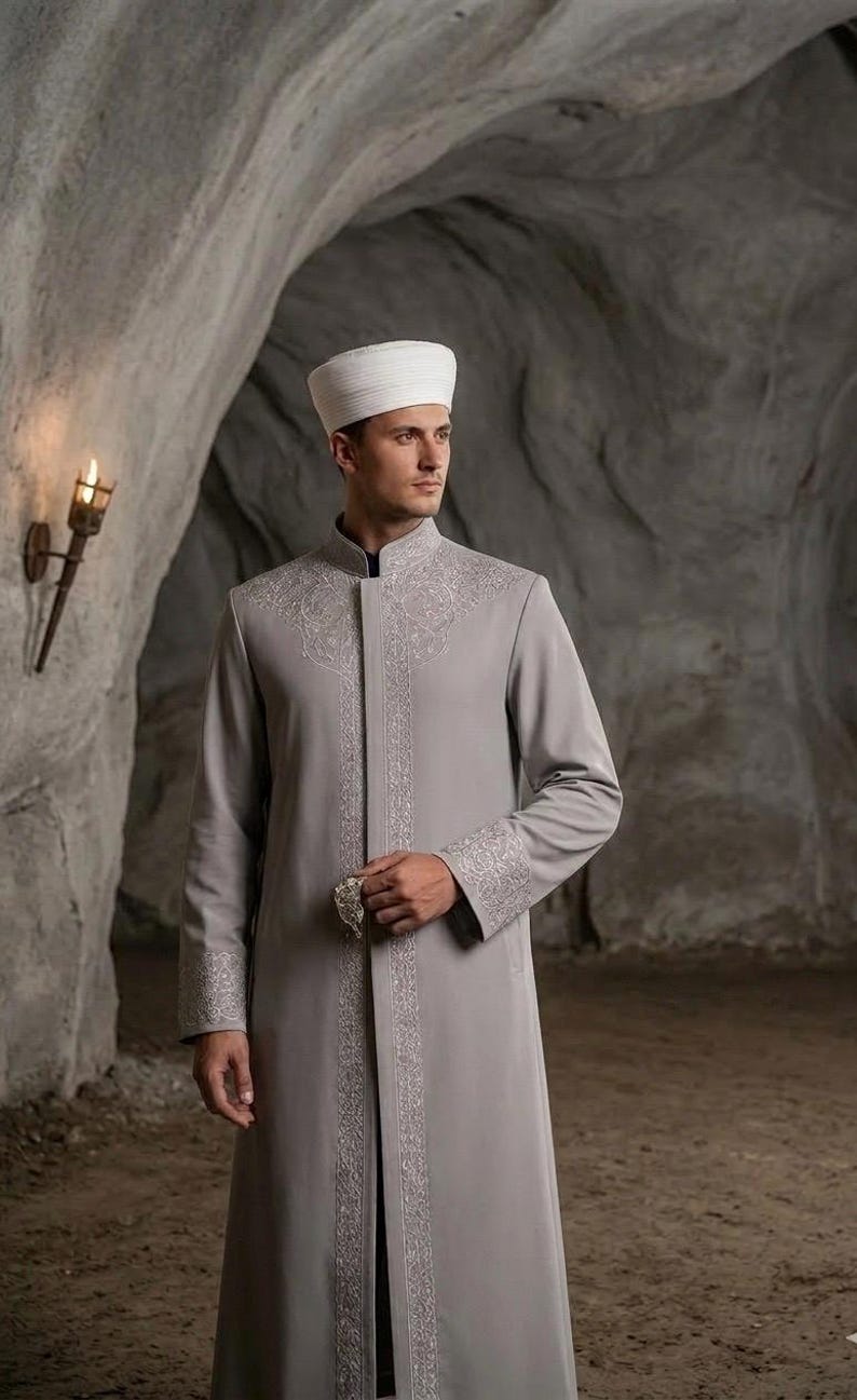 Inner Robe Man Luxury Gray Imam Robe – Handmade Cotton Thobe With Silver Embroidery ...
