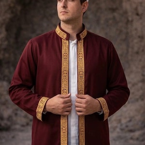 Mens Islamic Burgundy Open Front Kaftan Robe Decorative Gold Embroidery
